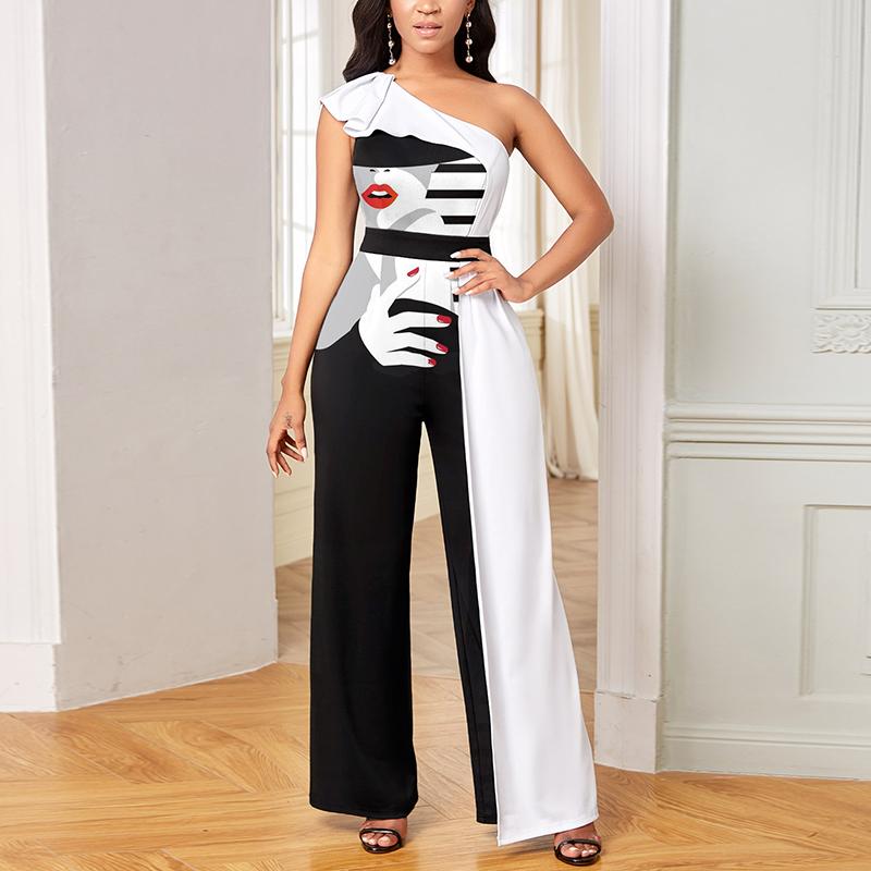 Fashion Slant Collar Sleeveless Face Print Jumpsuit