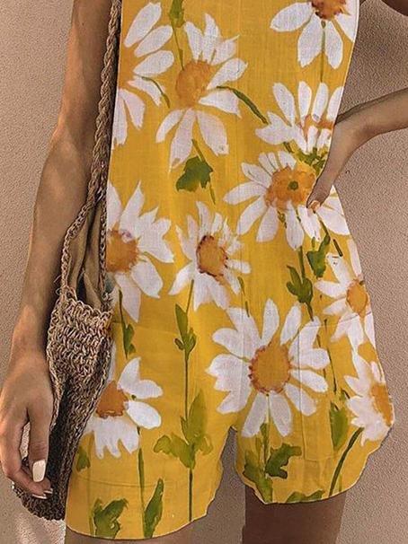 Floral Print Sleeveless Belted Casual Jumpsuit
