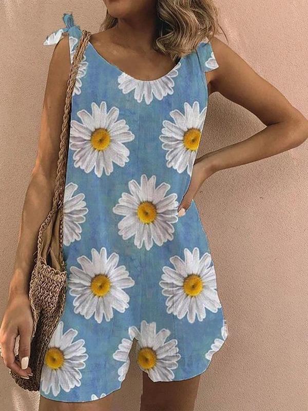 Floral Print Sleeveless Belted Casual Jumpsuit