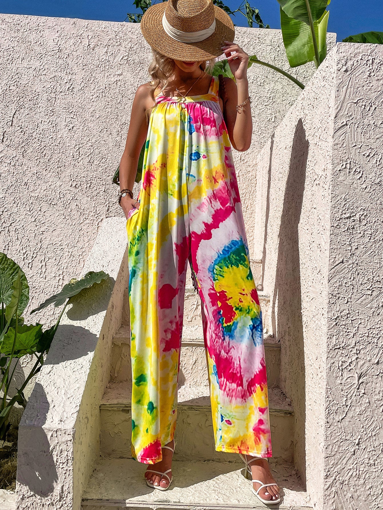 Tie-dye print casual halter wide leg jumpsuit