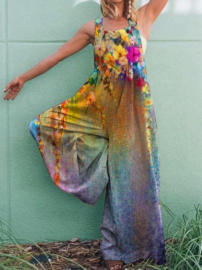 Retro print casual loose jumpsuit