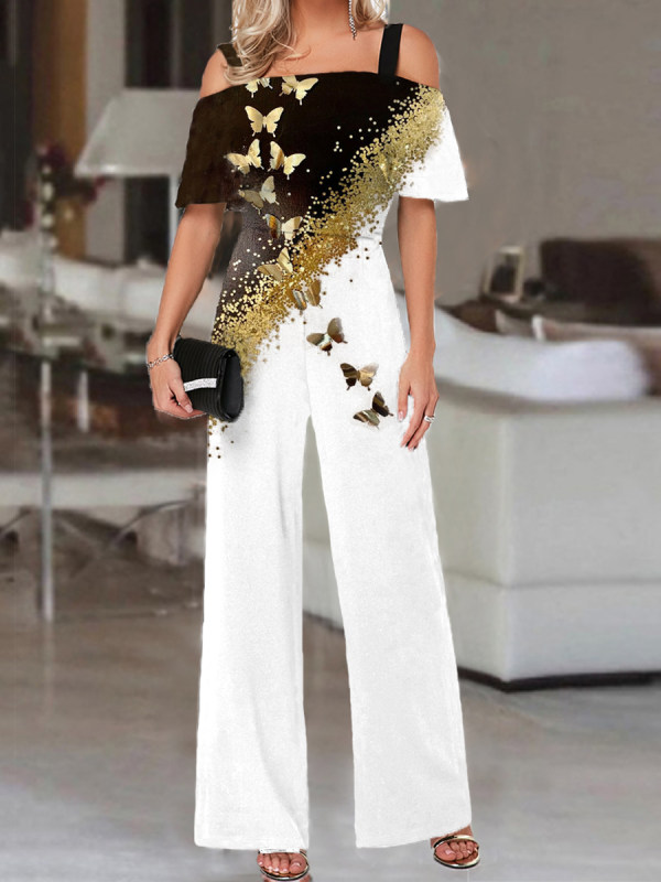 Fashion Butterfly Print Strappy Cold Shoulder Jumpsuit Women