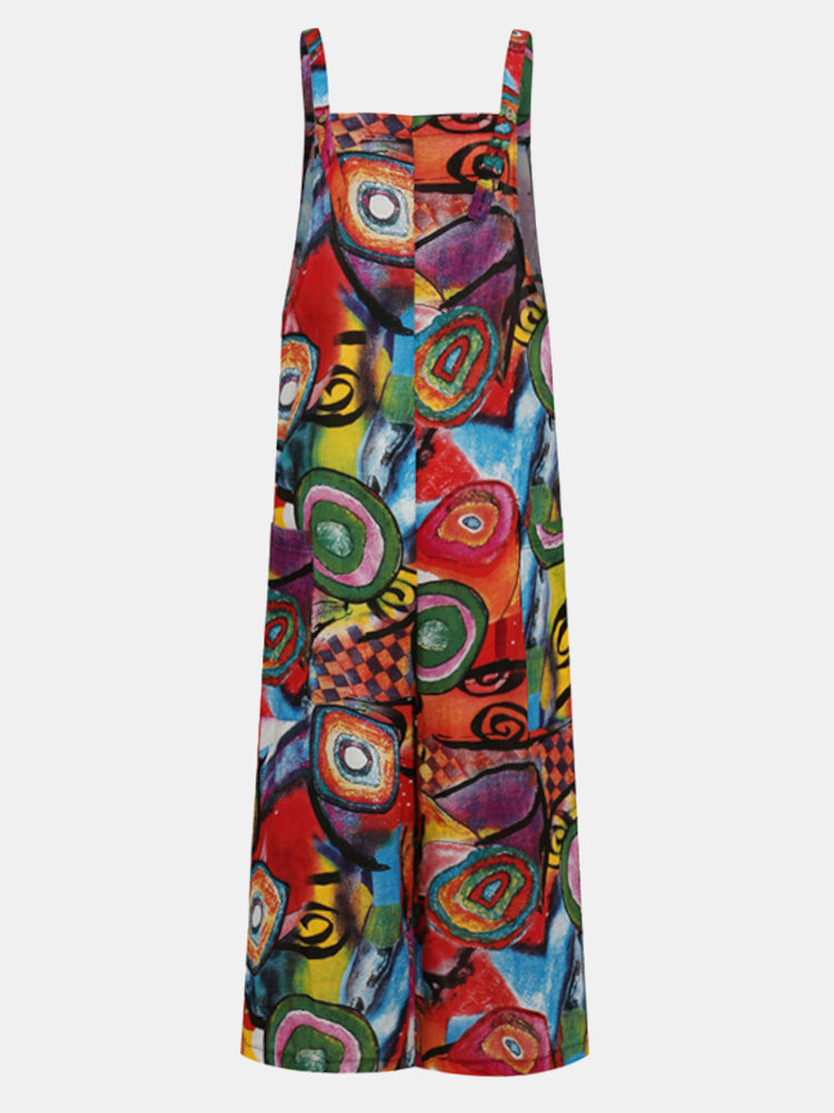 Bohemian Printed Buttons Side Pockets Straps Sleeveless Jumpsuits For Women