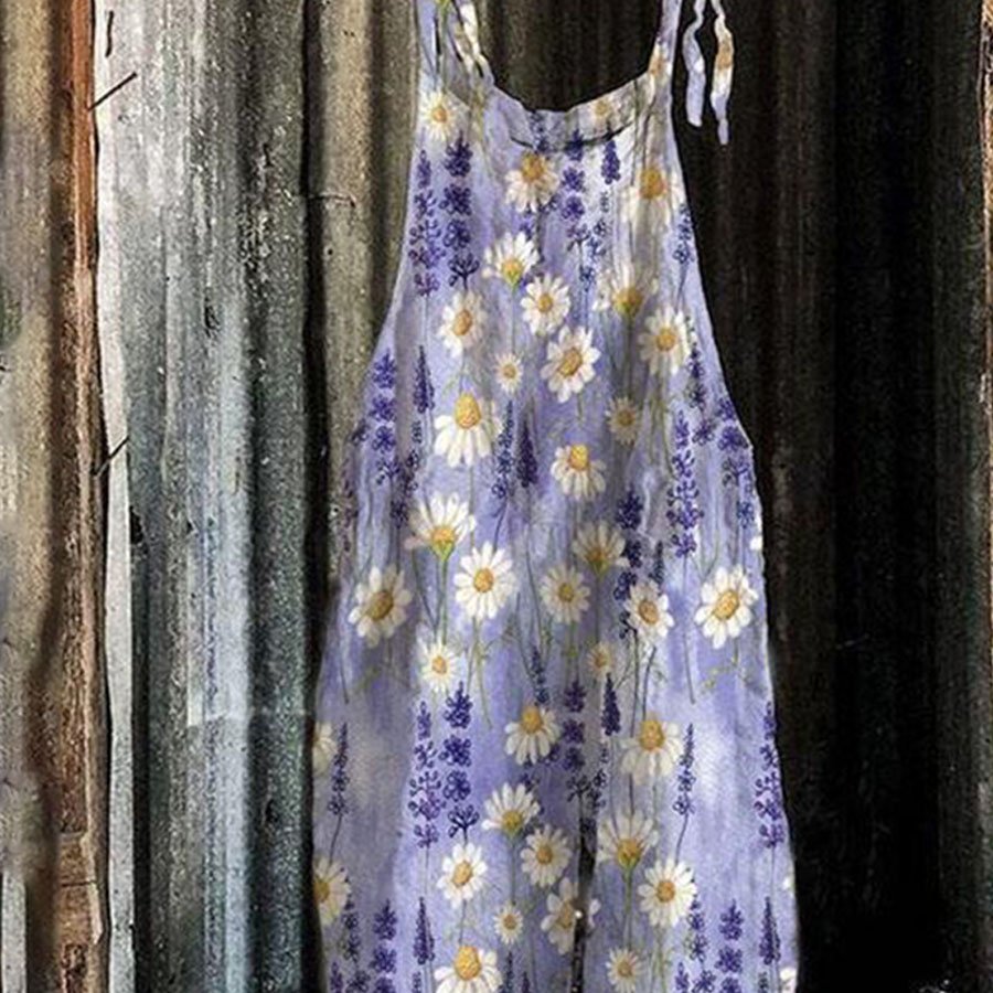 Ladies Casual Daisy Print Cotton Linen Jumpsuit
