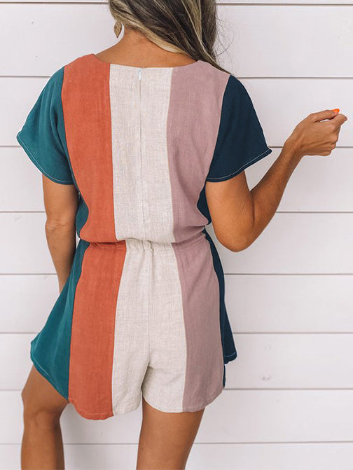 Women's Jumpsuits V-Neck Drawstring Striped Short Sleeve Jumpsuit