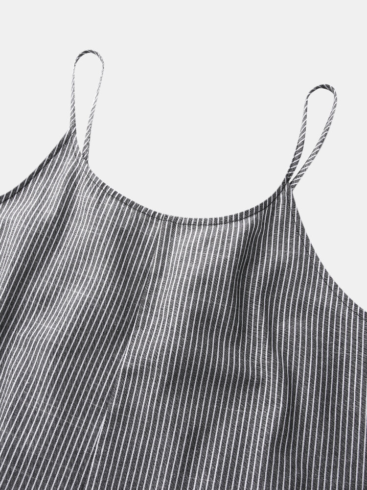 Striped Adjustable Shoulder Strap Loose Jumpsuit With Pocket