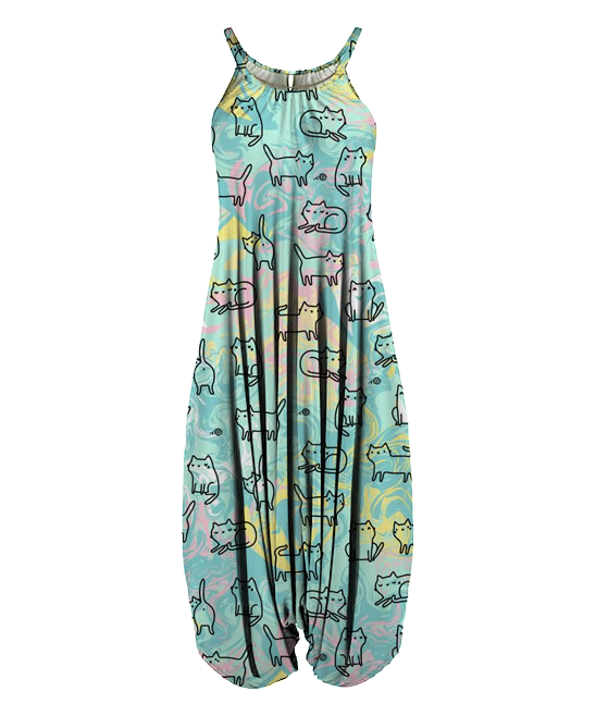 Cute cartoon cat green print harem jumpsuit