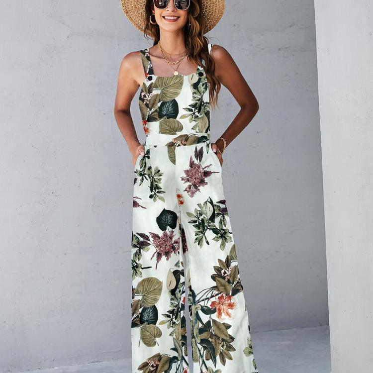 Square neck pattern women sleeveless jumpsuit