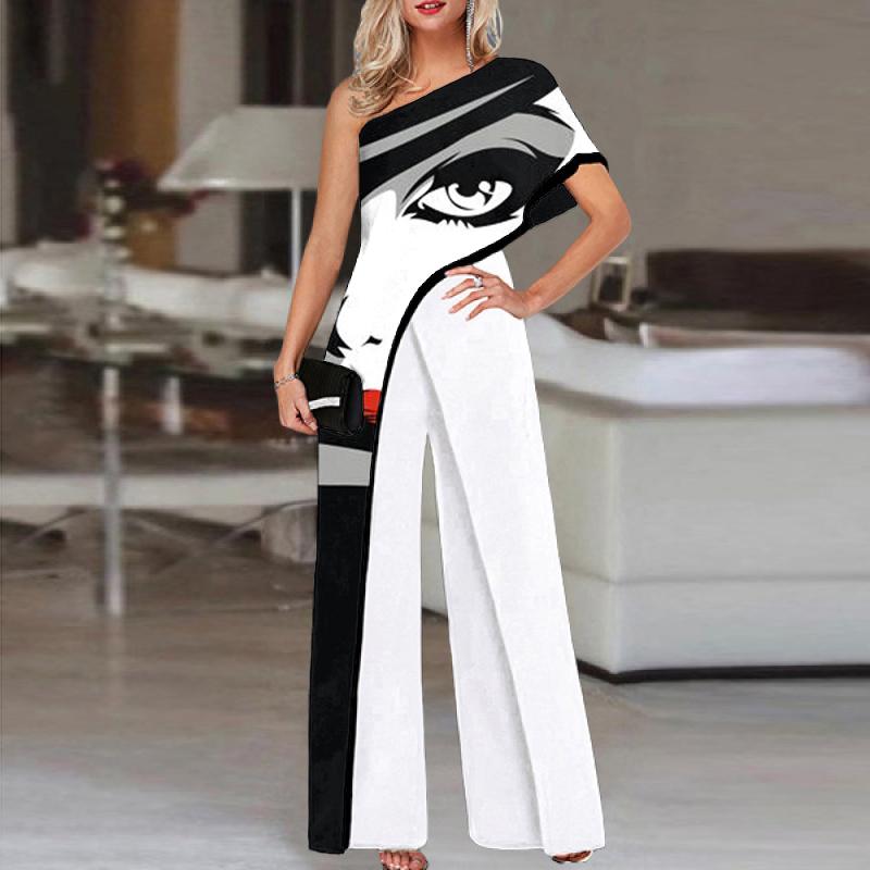 Vintage Single-sleeve Face Print Jumpsuit