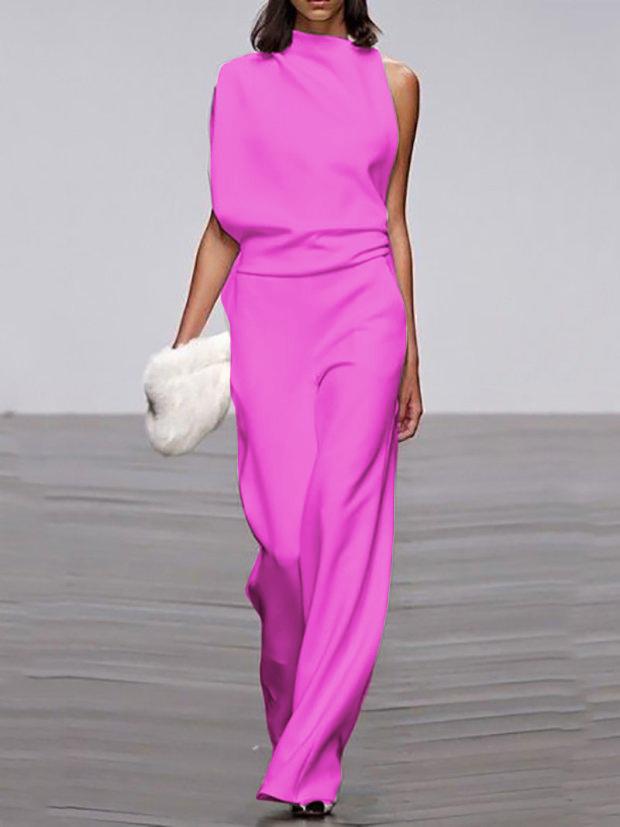 Women's Commuting Asymmetry Sleeve Pure Colour Jumpsuit